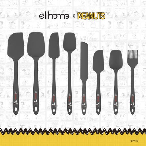 Elihome x Peanuts 8 Piece Silicone Spatula Set with six spatulas and spoonulas, a spreader and a basting brush in Grey with official Snoopy artwork on the handle
