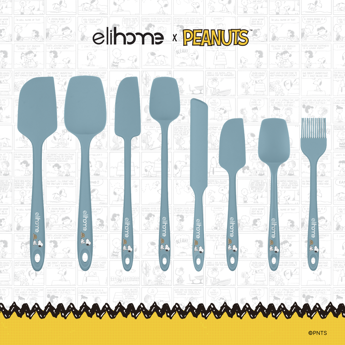 Elihome x Peanuts 8 Piece Silicone Spatula Set with six spatulas and spoonulas, a spreader and a basting brush in Teal Grey with official Snoopy artwork on the handle