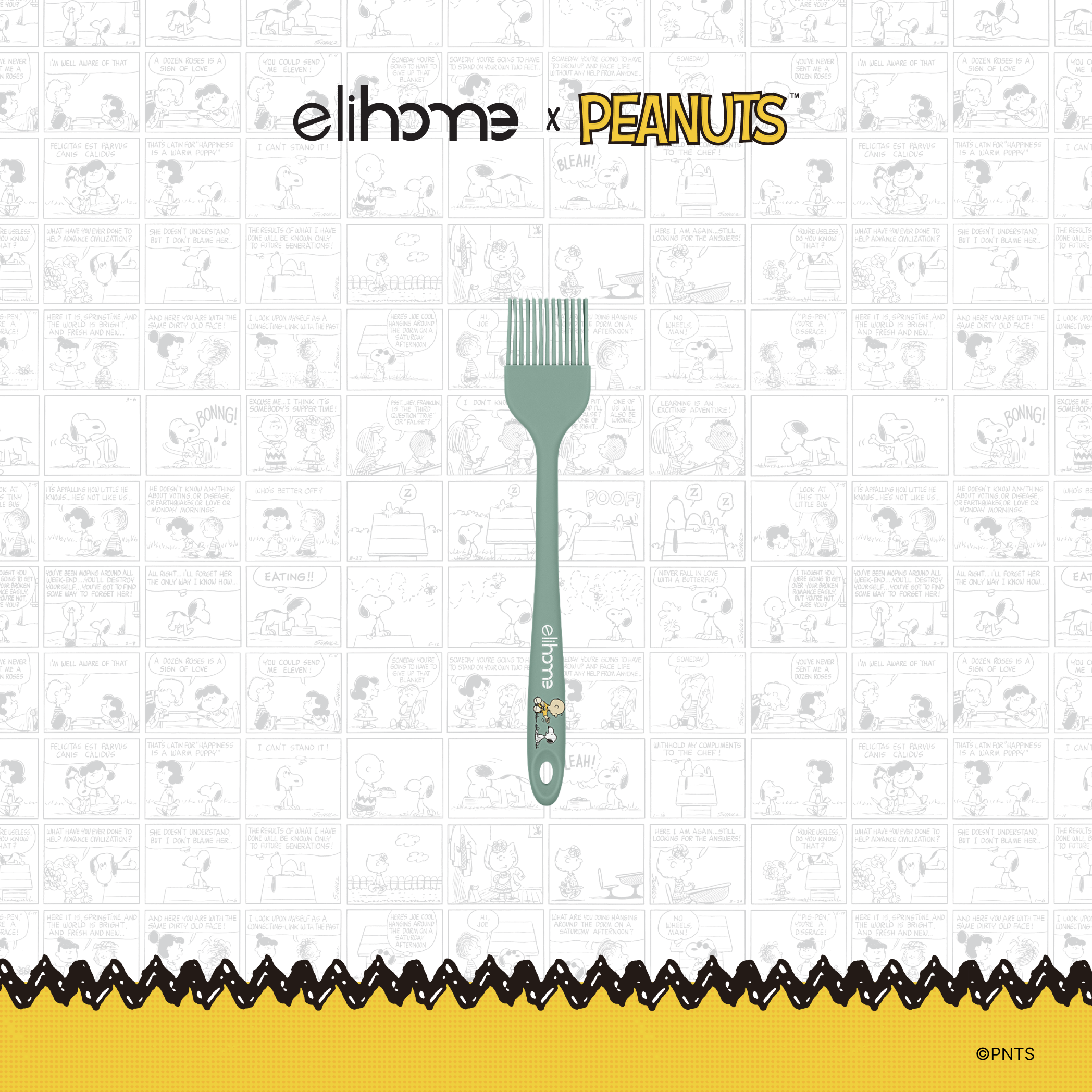 Elihome x Peanuts Silicone Basting Brush, 8.75 inches by 1.5 inches in Sage Green with official Snoopy artwork on the handle