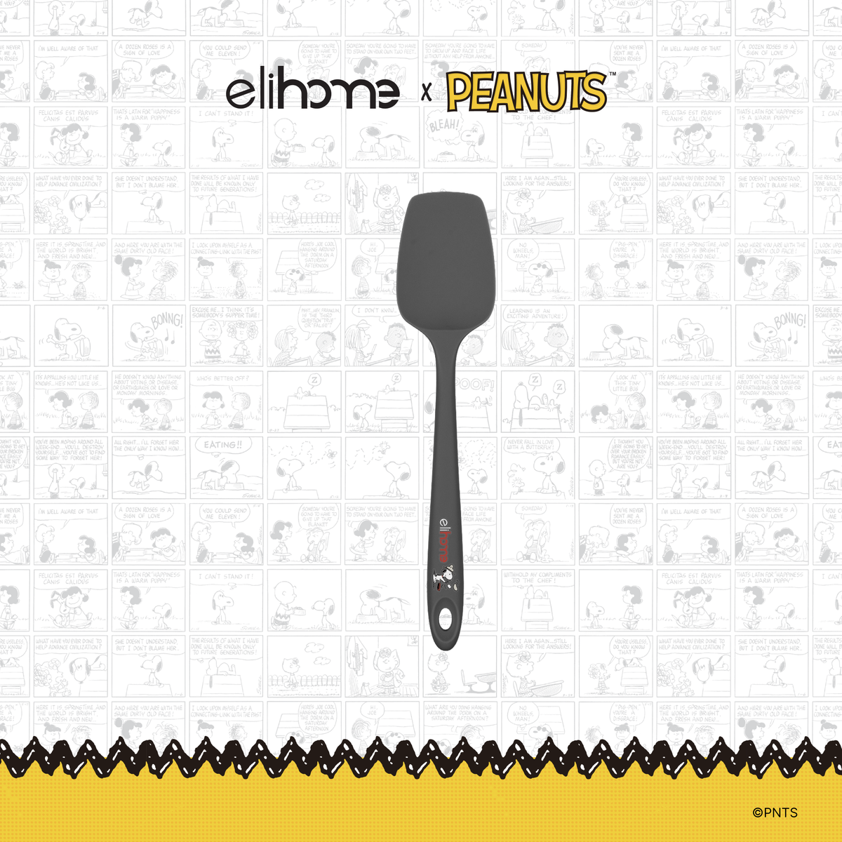 Elihome x Peanuts Classic Silicone Spoonula, 11 inches by 2.4 inches in Grey with official Snoopy artwork on the handle
