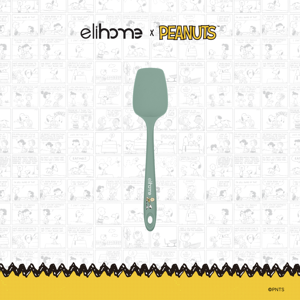 Elihome x Peanuts Classic Silicone Spoonula, 11 inches by 2.4 inches in Sage Green with official Snoopy artwork on the handle