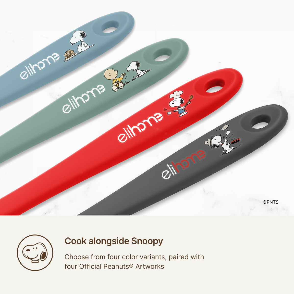 Elihome x Peanuts silicone spatulas in Teal Grey, Sage Green, Red and Grey with Snoopy on the handles, choose from four colors paired with official Peanuts artwork
