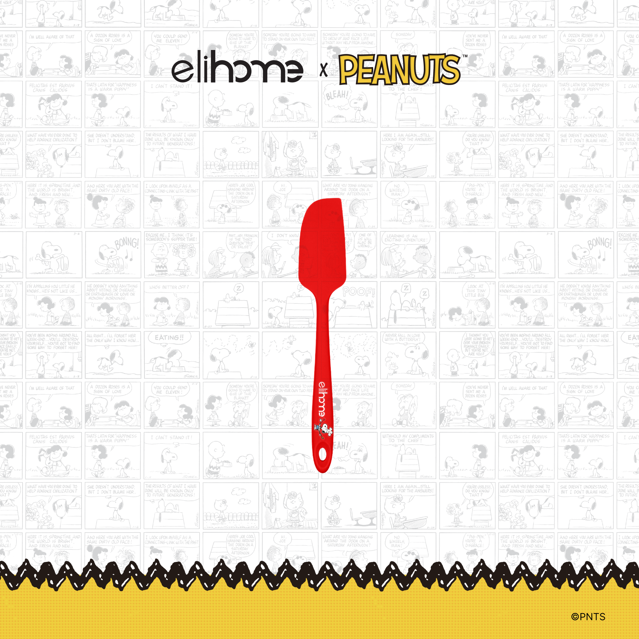Elihome x Peanuts Mini Silicone Spatula, 8.7 inches by 1.5 inches in Red with official Snoopy artwork on the handle