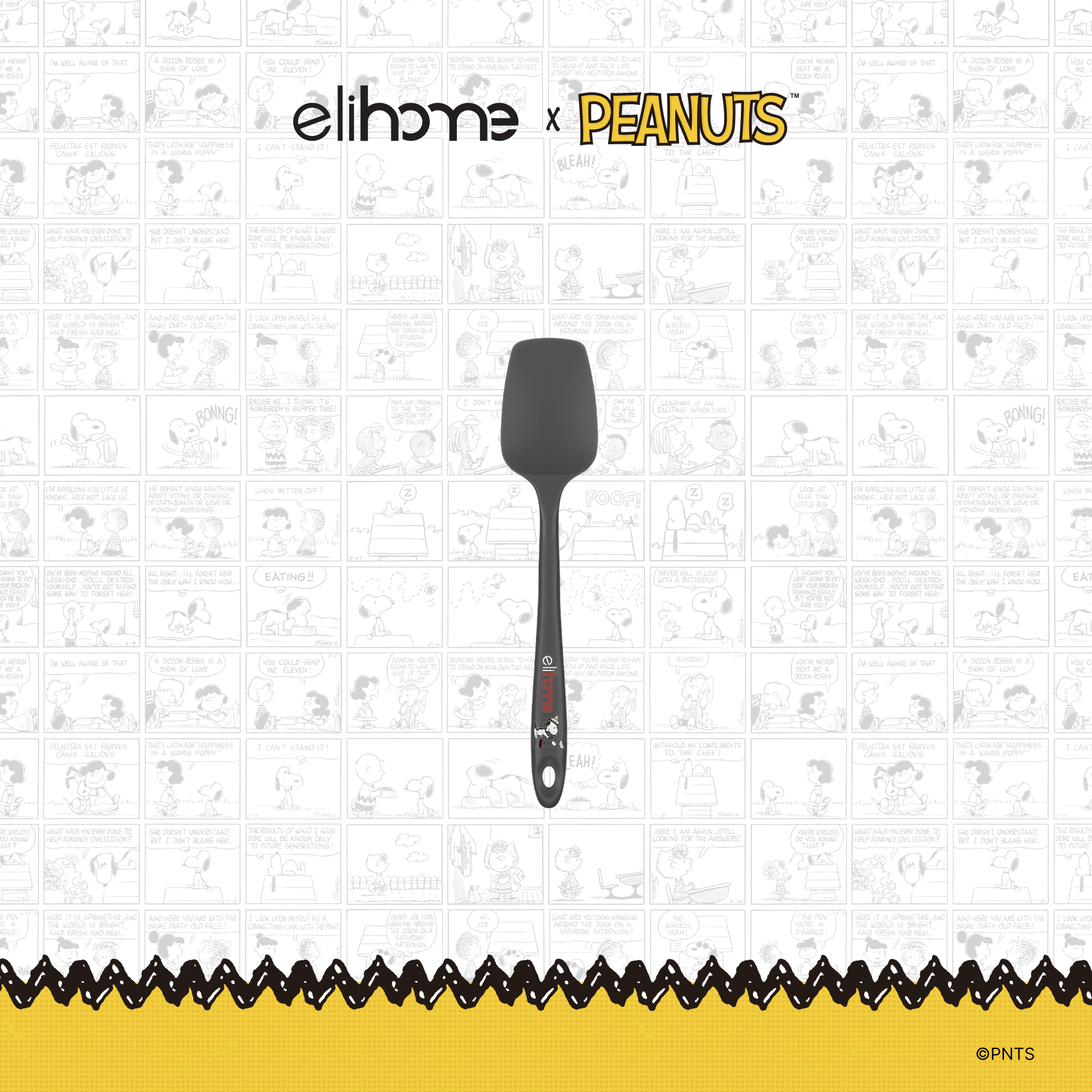 Elihome x Peanuts Mini Silicone Spoonula, 8.75 inches by 1.8 inches in Grey with official Snoopy artwork on the handle