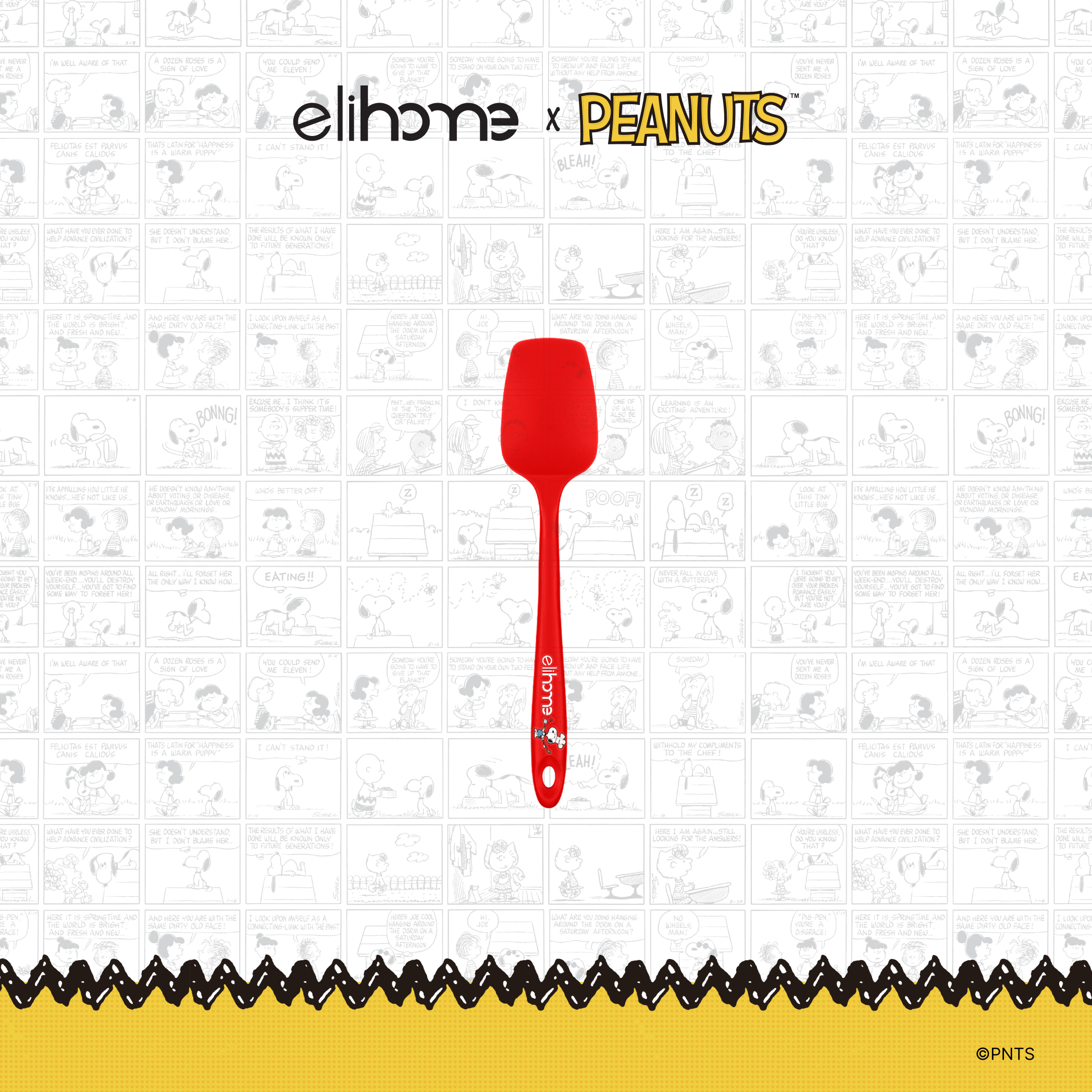 Elihome x Peanuts Mini Silicone Spoonula, 8.75 inches by 1.8 inches in Red with official Snoopy artwork on the handle
