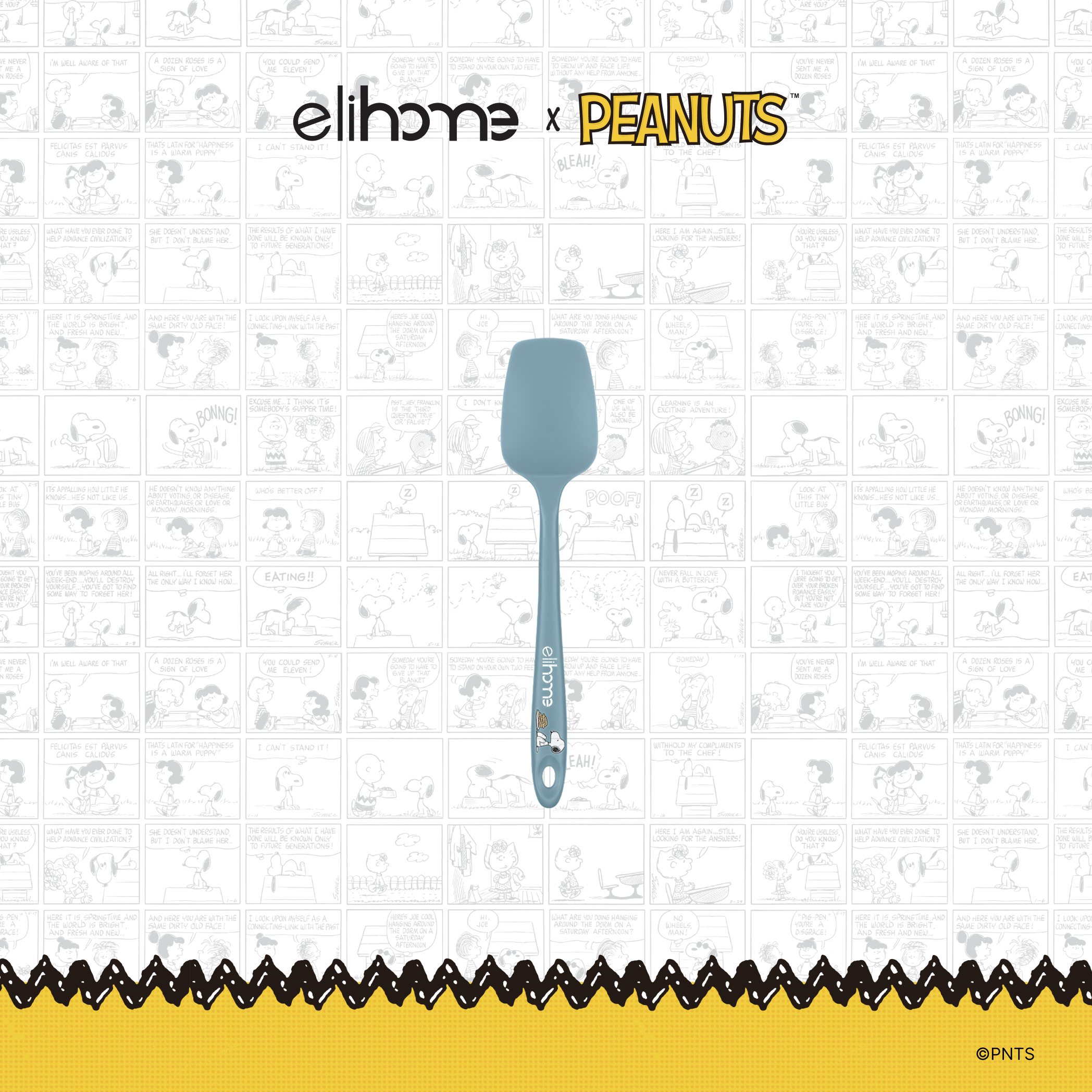 Elihome x Peanuts Mini Silicone Spoonula, 8.75 inches by 1.8 inches in Teal Grey with official Snoopy artwork on the handle