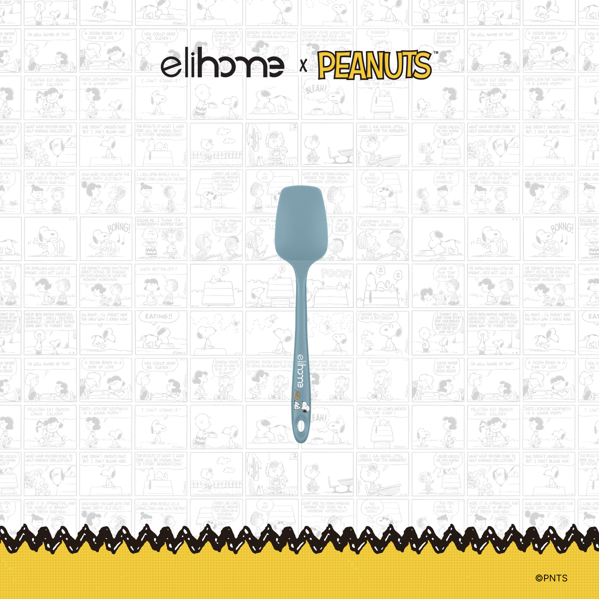 Elihome x Peanuts Mini Silicone Spoonula, 8.75 inches by 1.8 inches in Teal Grey with official Snoopy artwork on the handle