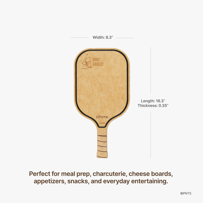 Elihome x Peanuts pickleball charcuterie cutting board measuring 8.3 inches wide, 16.3 inches long and 0.35 inches thick, perfect for meal prep, charcuterie, cheese boards, appetizers and snacks