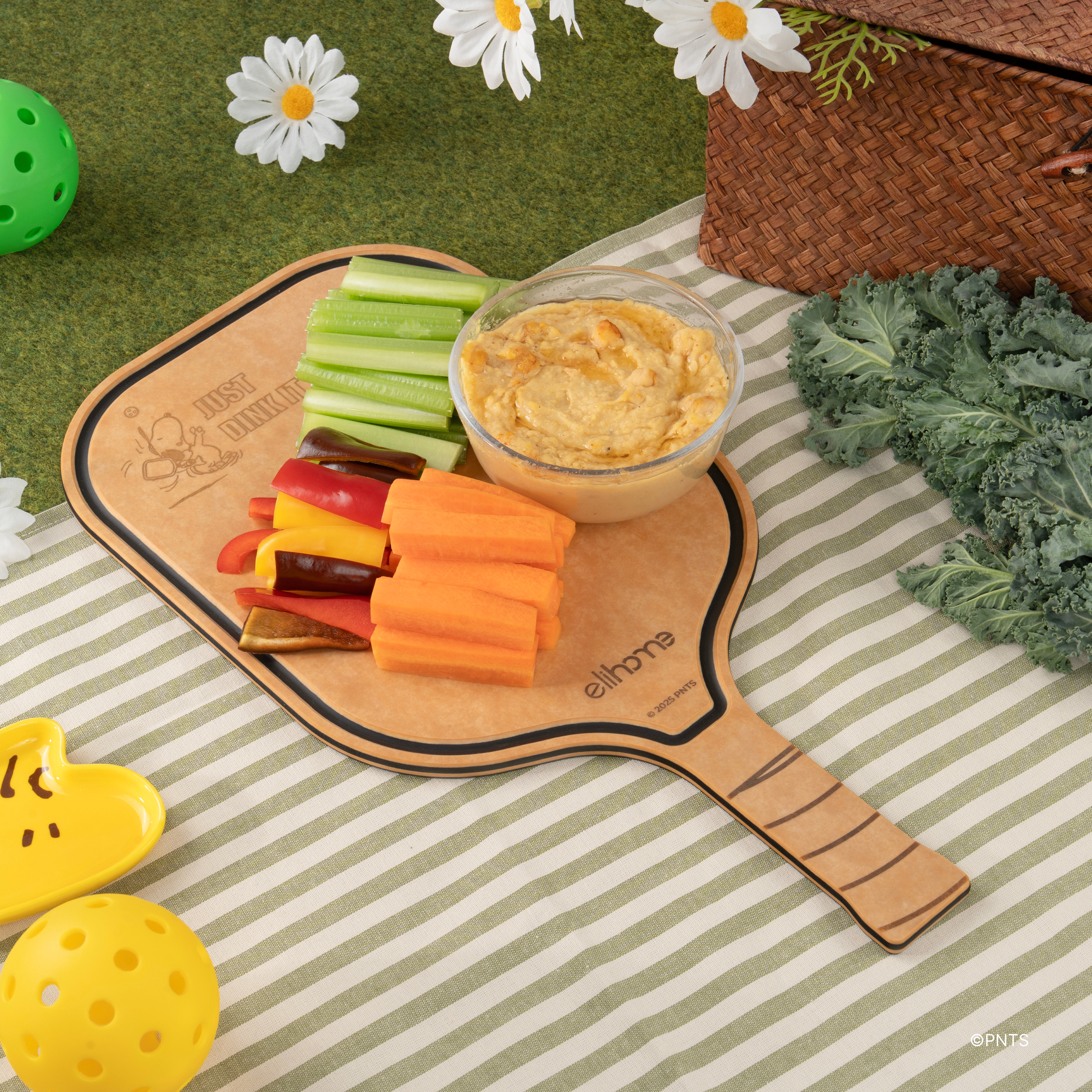 Elihome x Peanuts pickleball paddle board with hummus, celery, carrots and bell peppers at a picnic on the grass