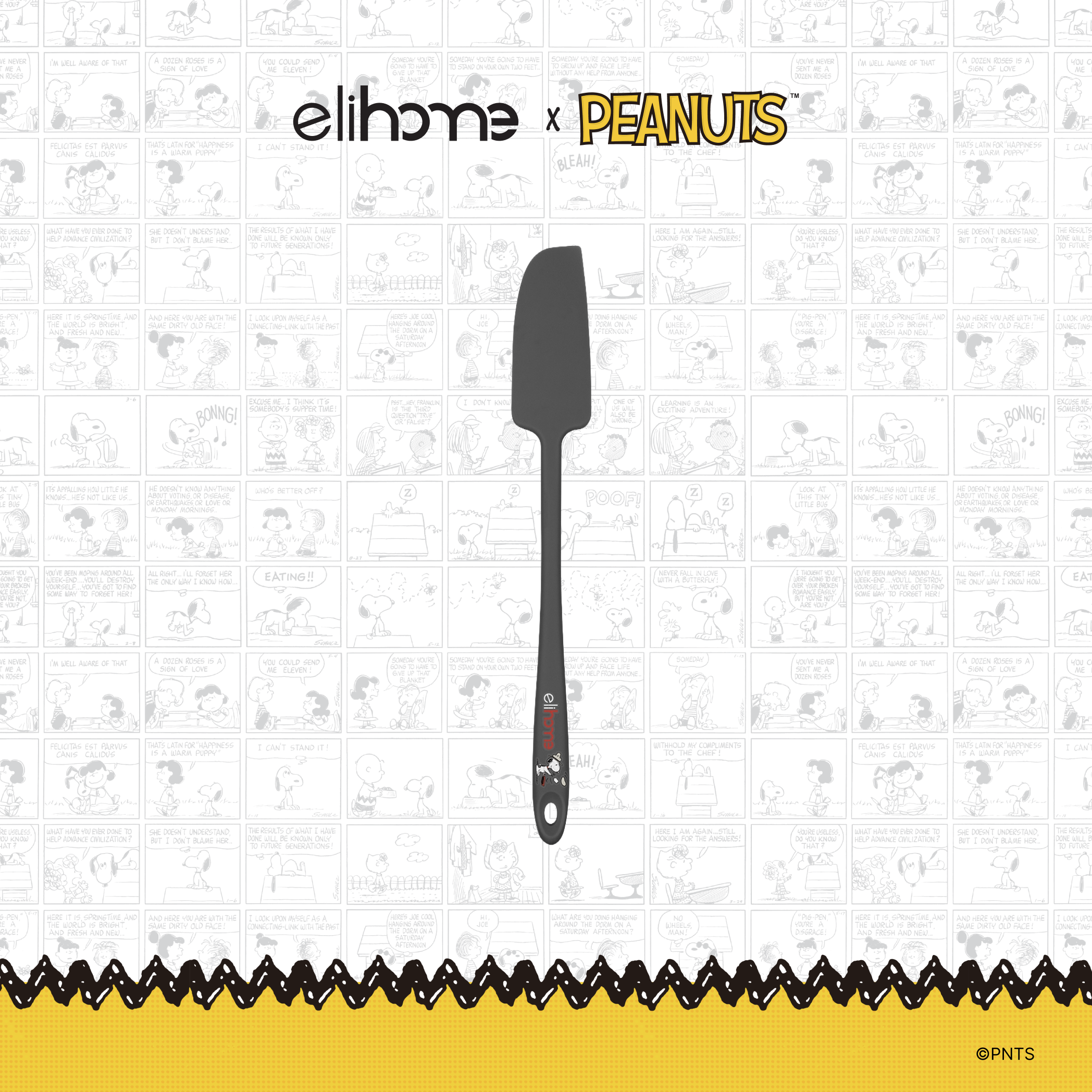 Elihome x Peanuts Skinny Silicone Spatula, 11 inches by 1.5 inches in Grey with official Snoopy artwork on the handle