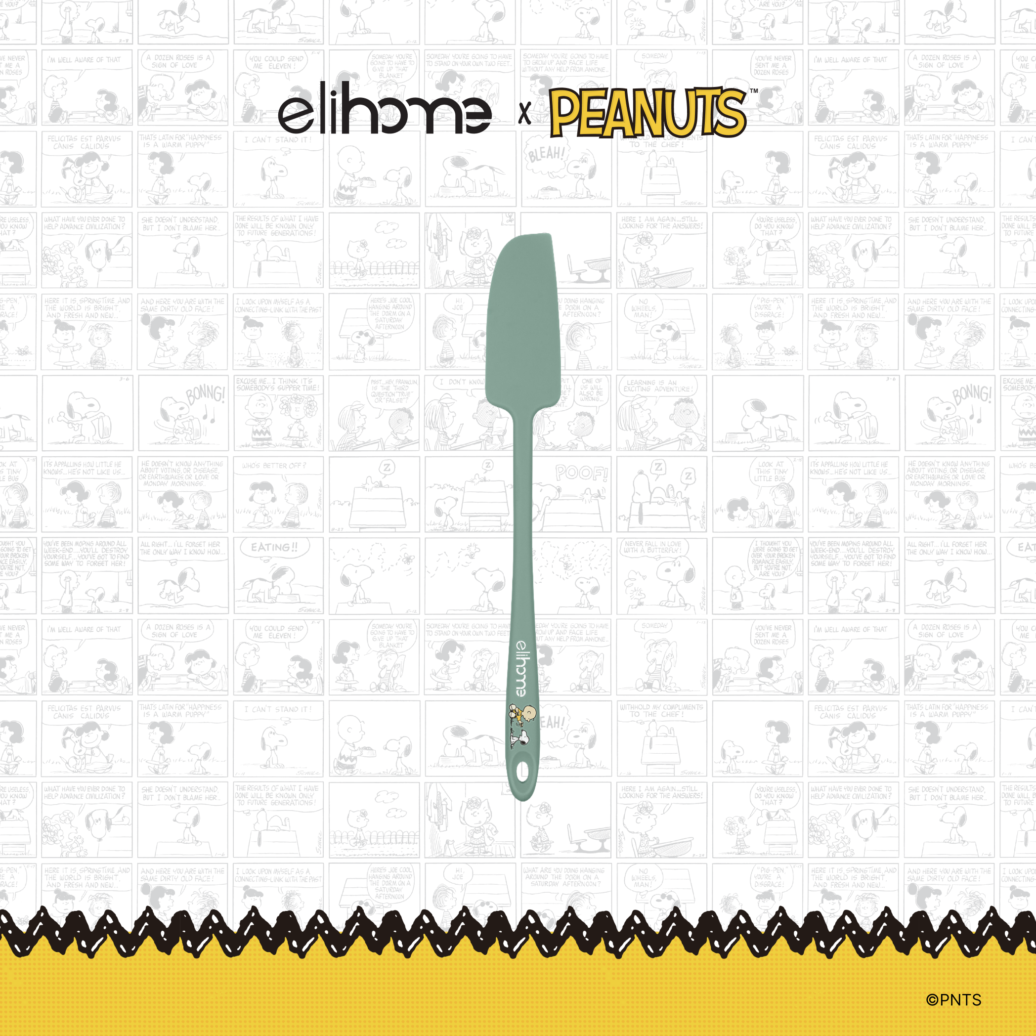 Elihome x Peanuts Skinny Silicone Spatula, 11 inches by 1.5 inches in Sage Green with official Snoopy artwork on the handle