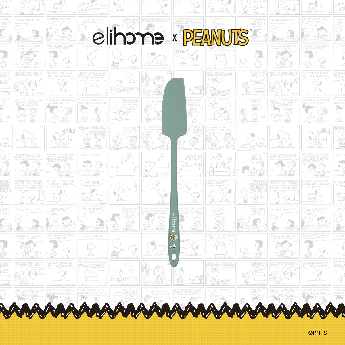 Elihome x Peanuts Skinny Silicone Spatula, 11 inches by 1.5 inches in Sage Green with official Snoopy artwork on the handle