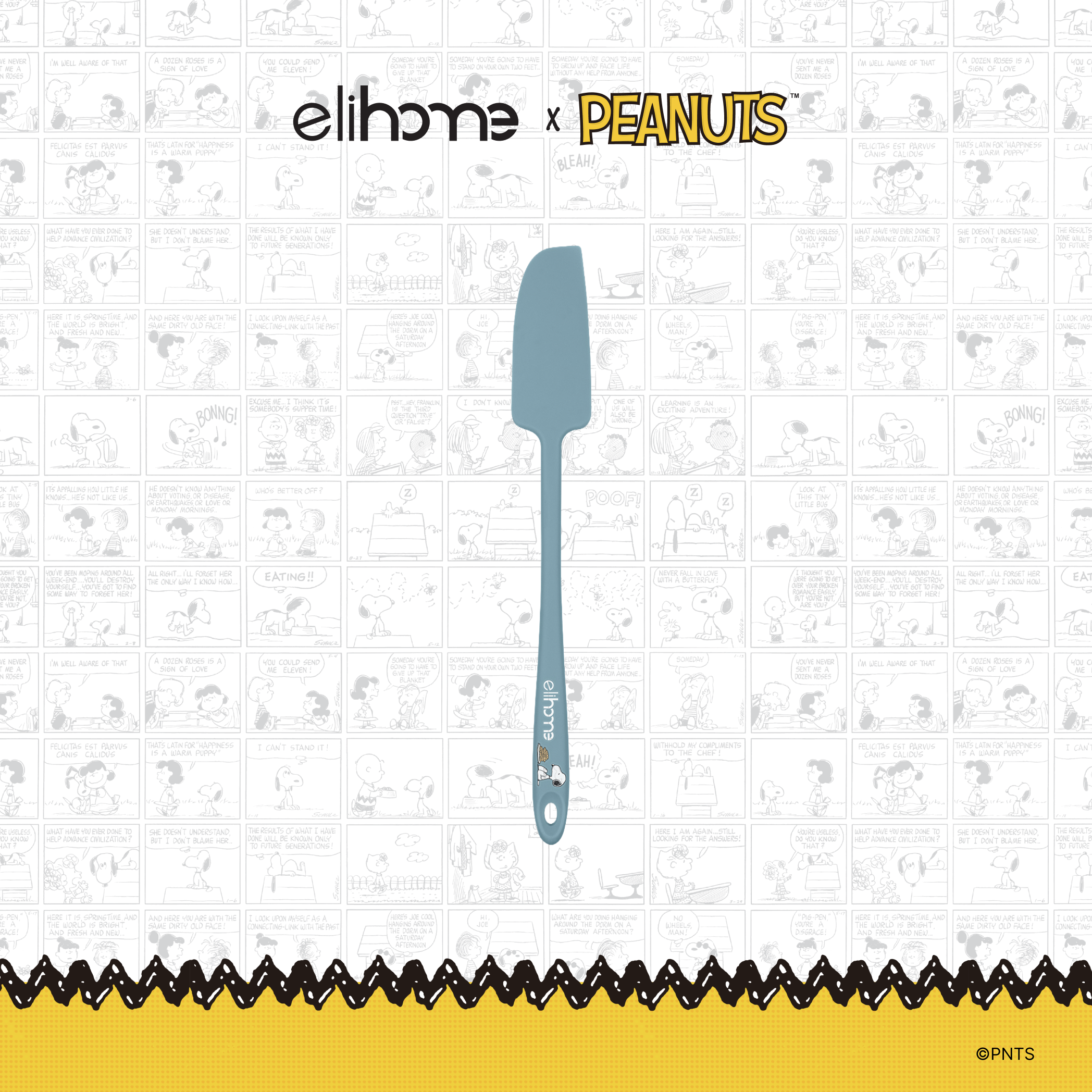 Elihome x Peanuts Skinny Silicone Spatula, 11 inches by 1.5 inches in Teal Grey with official Snoopy artwork on the handle