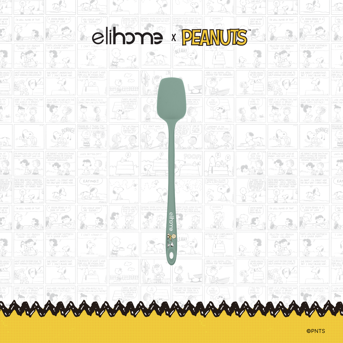 Elihome x Peanuts Skinny Silicone Spoonula, 11 inches by 1.5 inches in Sage Green with official Snoopy artwork on the handle