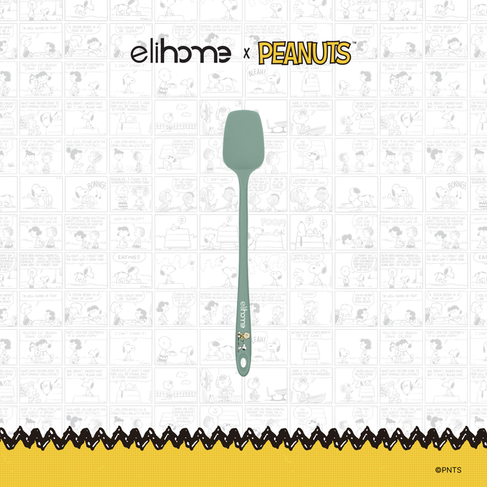 Elihome x Peanuts Skinny Silicone Spoonula, 11 inches by 1.5 inches in Sage Green with official Snoopy artwork on the handle