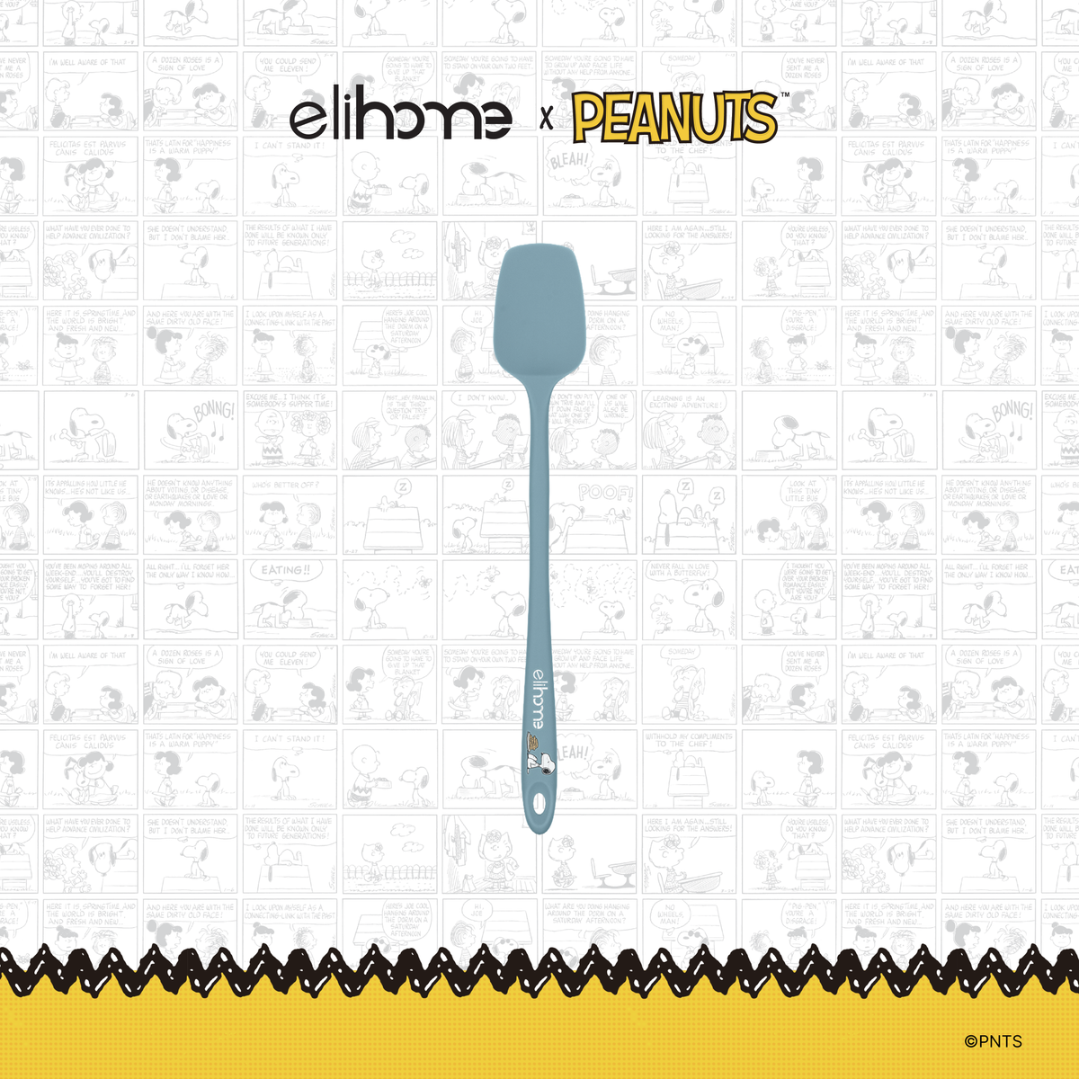 Elihome x Peanuts Skinny Silicone Spoonula, 11 inches by 1.5 inches in Teal Grey with official Snoopy artwork on the handle