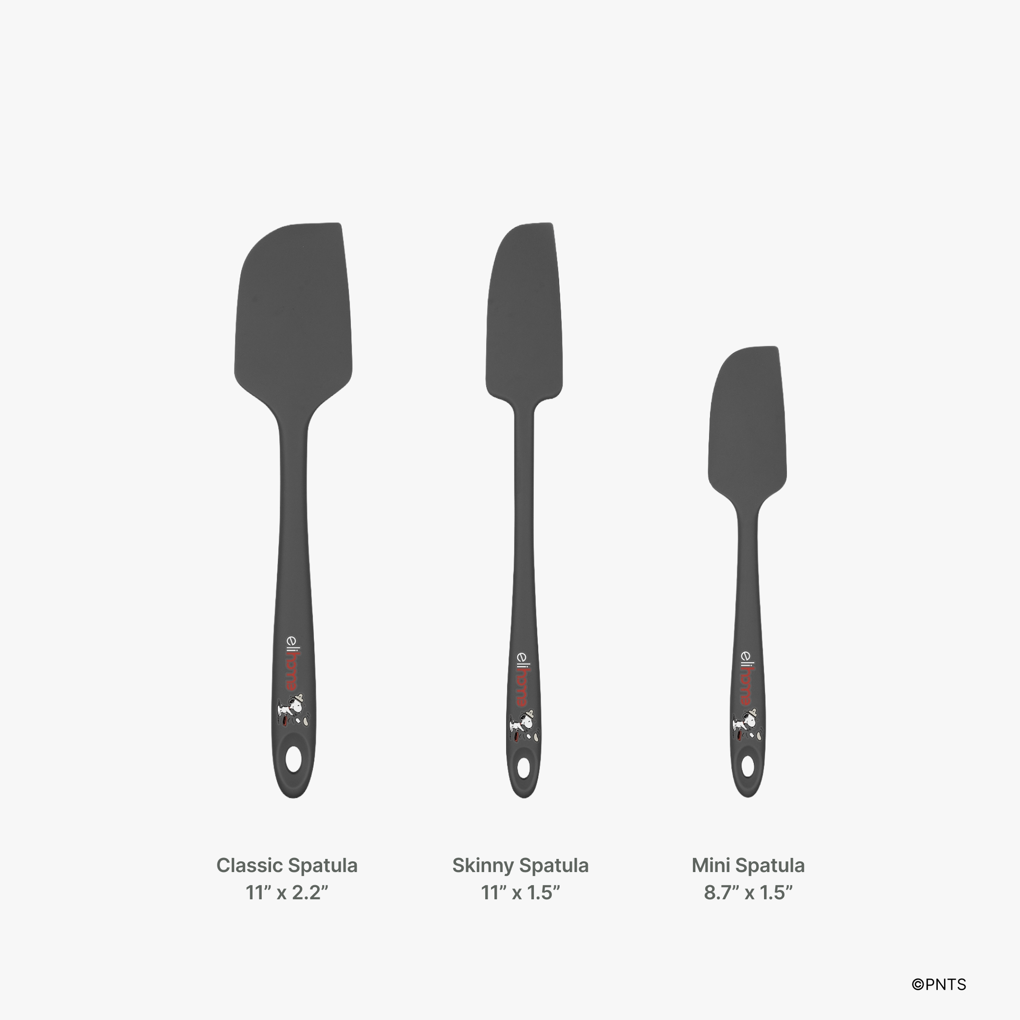 Elihome x Peanuts silicone spatula sizes, Classic Spatula 11 inches by 2.2 inches, Skinny Spatula 11 inches by 1.5 inches and Mini Spatula 8.7 inches by 1.5 inches