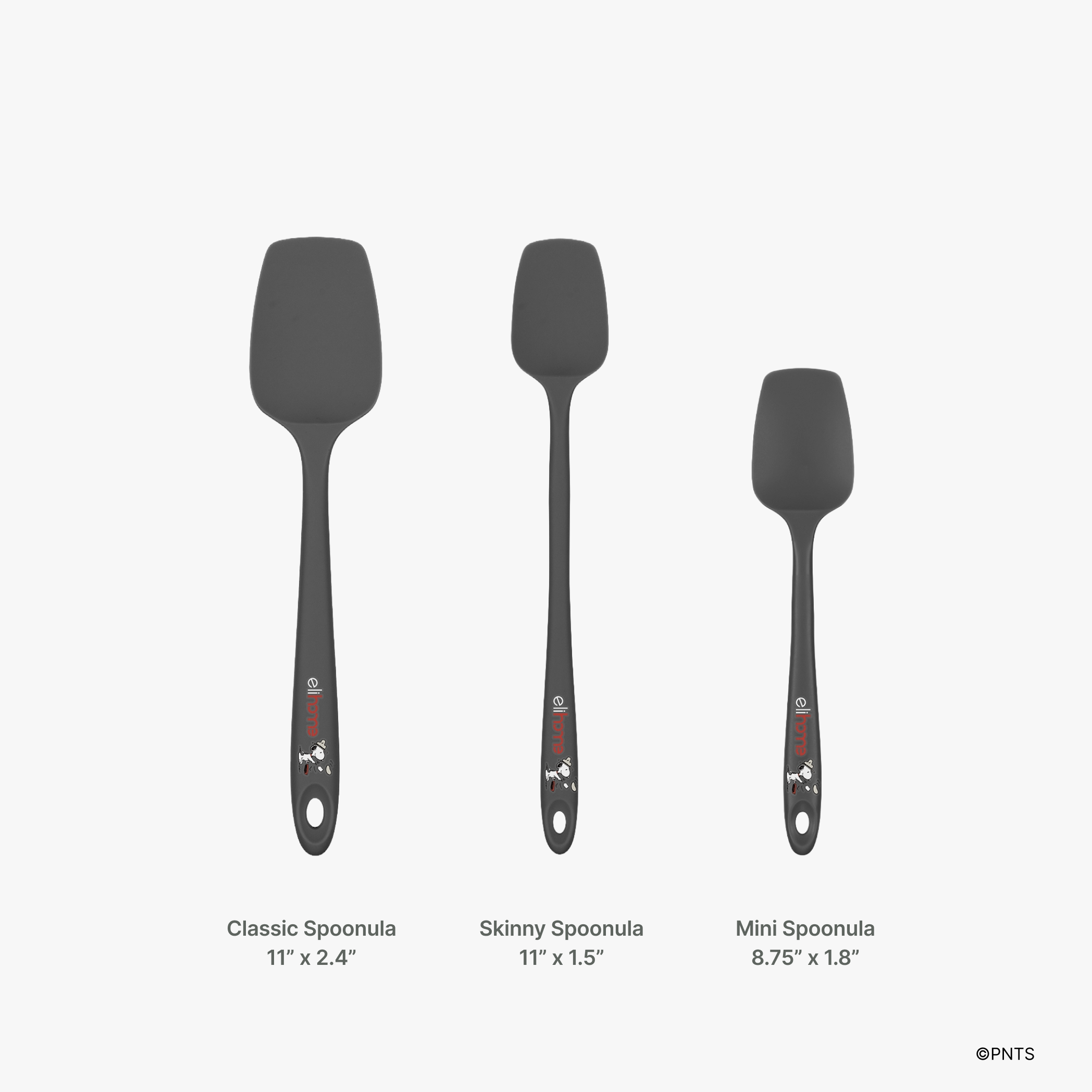 Elihome x Peanuts silicone spoonula sizes, Classic Spoonula 11 inches by 2.4 inches, Skinny Spoonula 11 inches by 1.5 inches and Mini Spoonula 8.75 inches by 1.8 inches