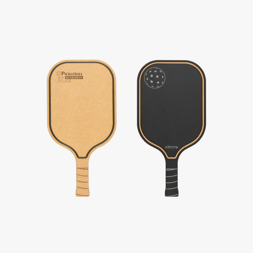 Elihome pickleball paddle cutting board shown from both sides, natural wood fiber engraved with Pickleball Is My Retirement Plan and a reversible black serving side