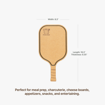 Elihome pickleball paddle cutting board engraved with Today's Menu: Pickleball, measuring 16.3 by 8.3 by 0.35 inches