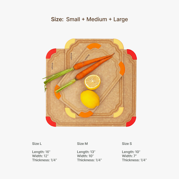 Elihome Premium Series 3 Piece Cutting Board Set dimensions - Small 10" x 7", Medium 13" x 10", Large 16" x 12", 1/4" thick
