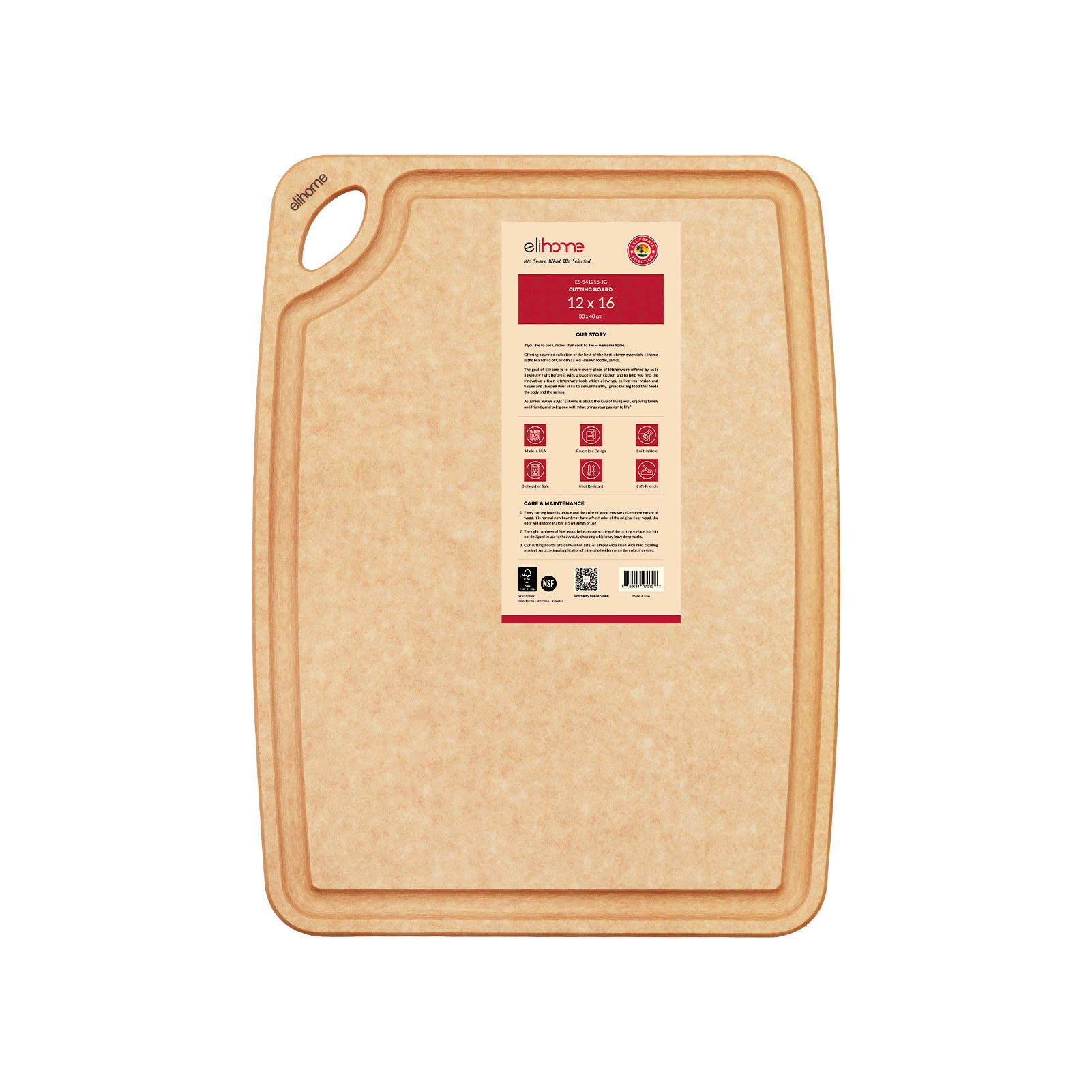Elihome Essential Series Cutting Board for Kitchen- Natural Wood