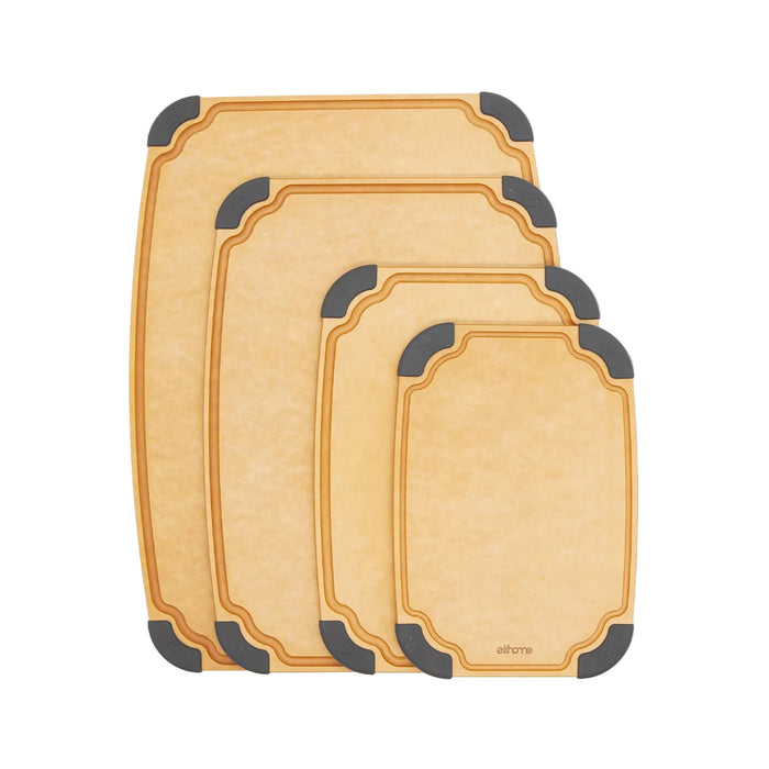 Elihome 4-piece wood fiber cutting board set in graduated sizes with gray non-slip silicone corner feet and juice grooves