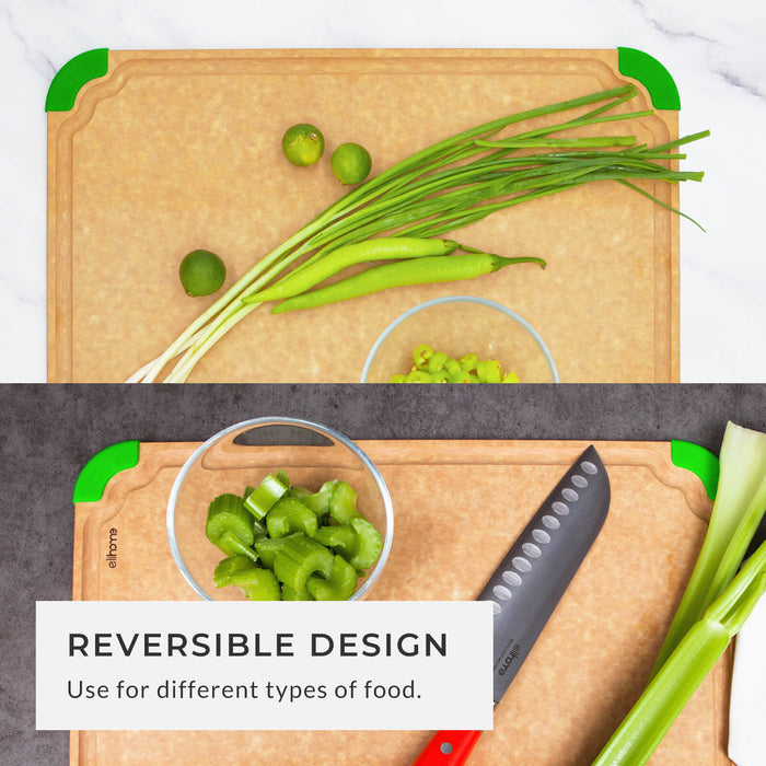 A split view demonstrating the reversible design of the cutting board; top shows fresh vegetables, bottom shows chopped celery, highlighting the ability to use both sides for different types of food.