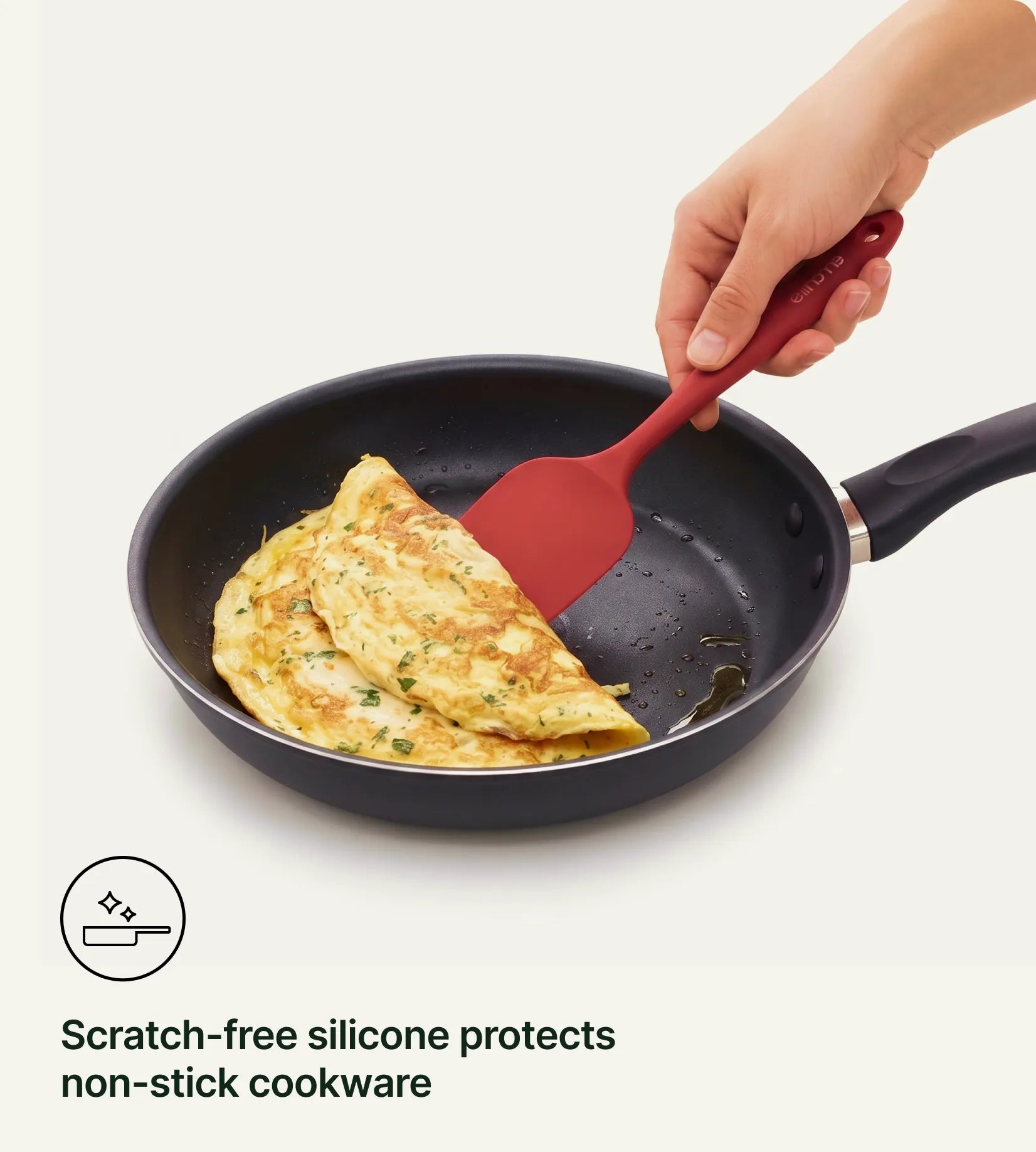 Scratch-free silicone protects non-stick cookware.